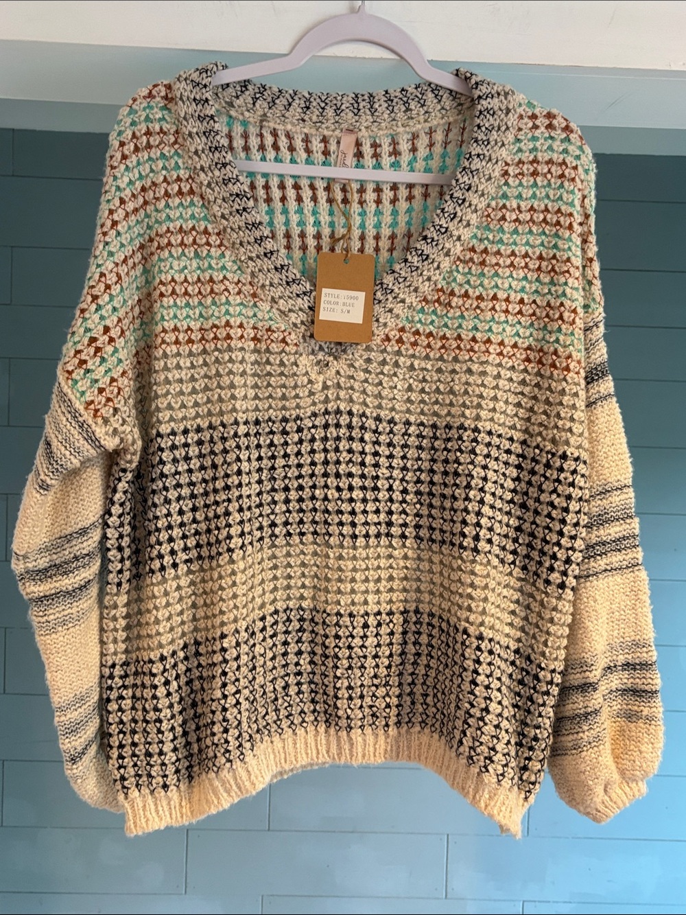 NWT Striped Chunky V-Neck Knit‎ Sweater - Cream, Navy & Mint
